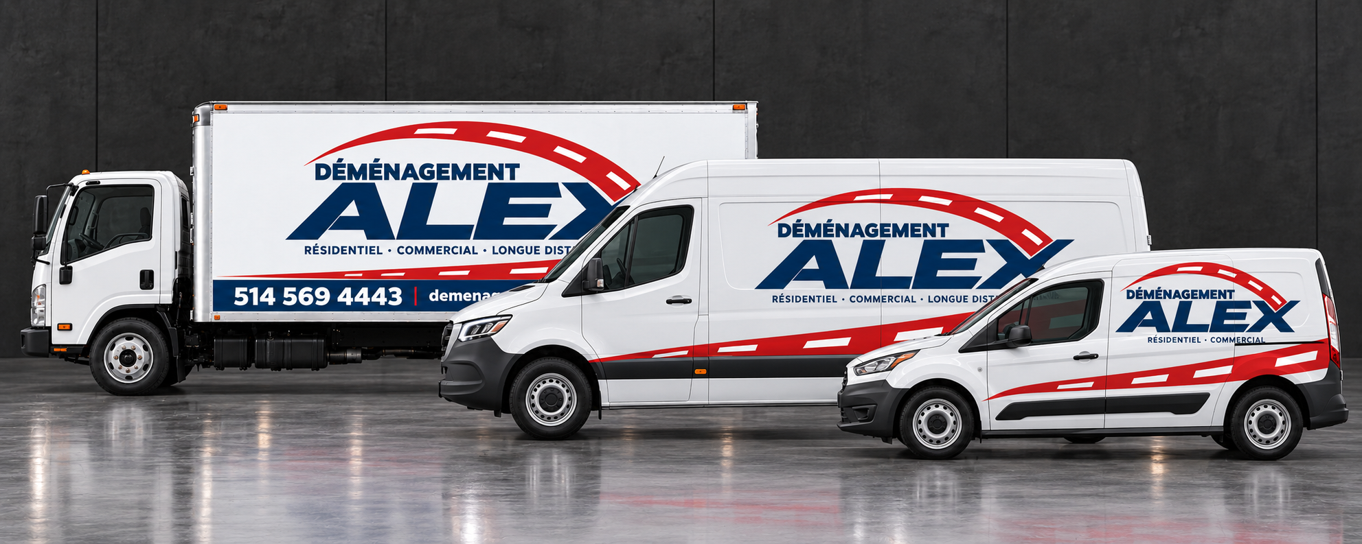 Concept fleet graphics for Déménagement ALEX: Transit, cargo van and 16-foot cab-over truck