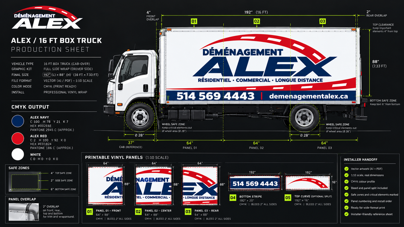 Concept production sheet showing a 16-foot Déménagement ALEX truck graphic broken into print panels